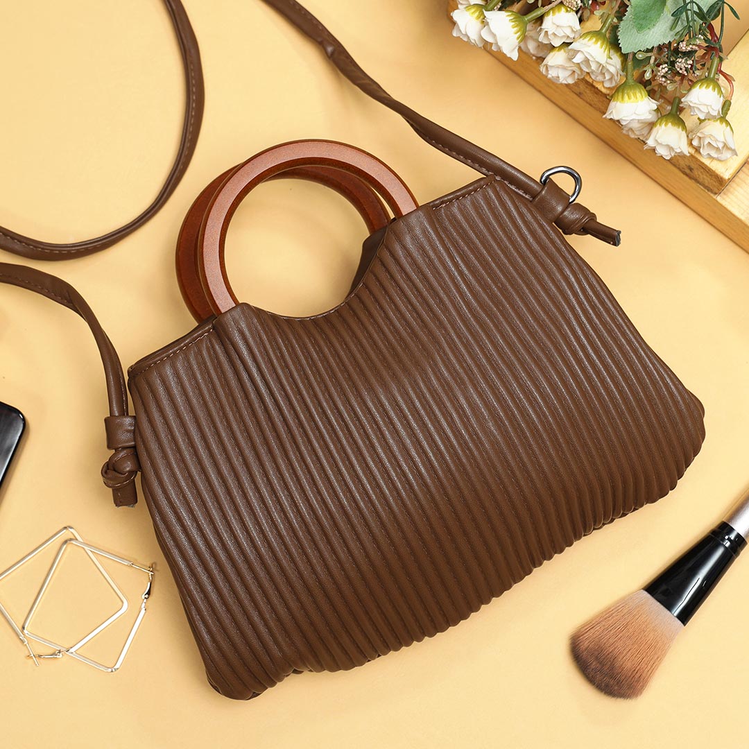 Wooden Handle Brown Crossbody Purse