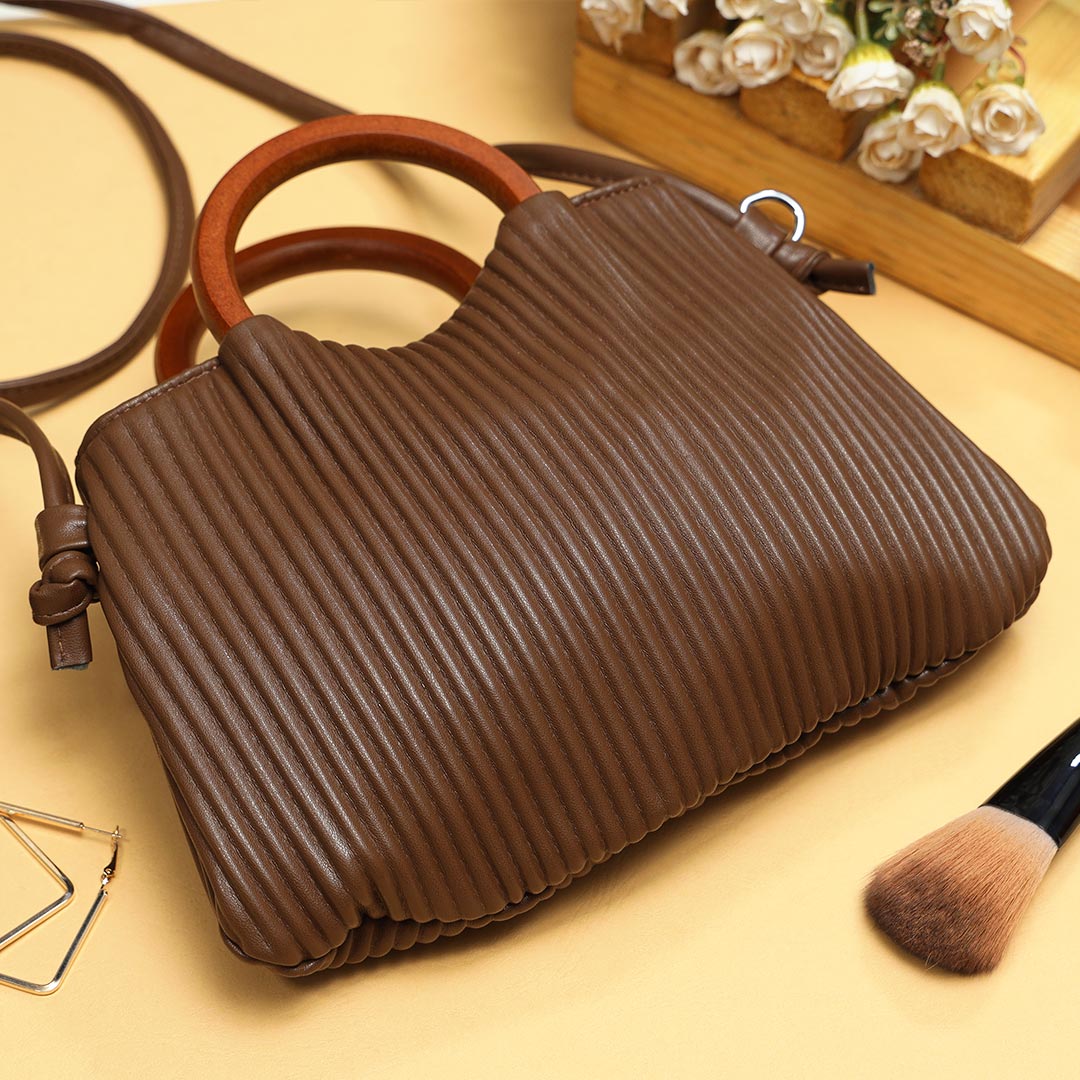 Wooden Handle Brown Crossbody Purse